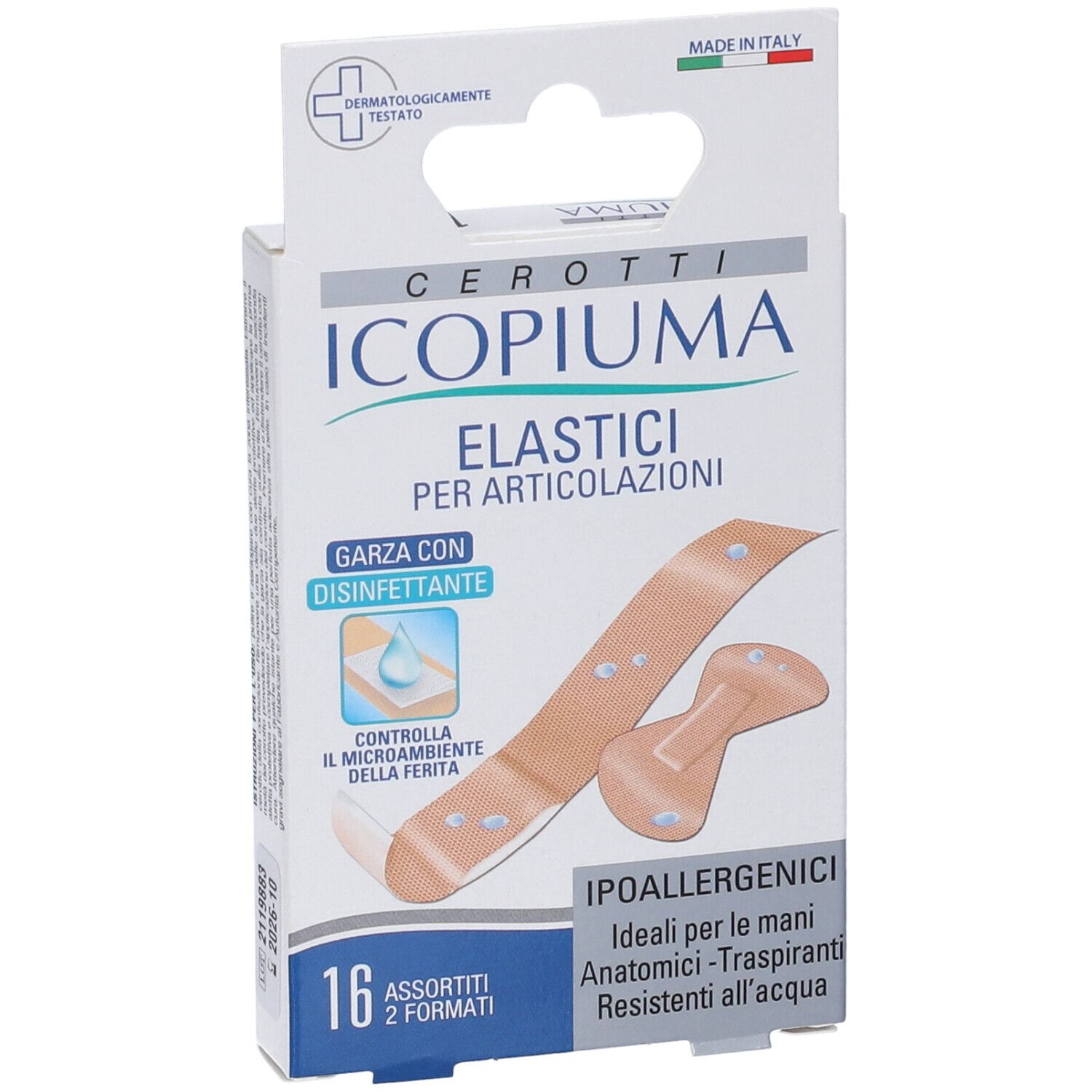 Confezione di 16 cerotti Icopiuma elastici per articolazioni, due formati. Con disinfettante.