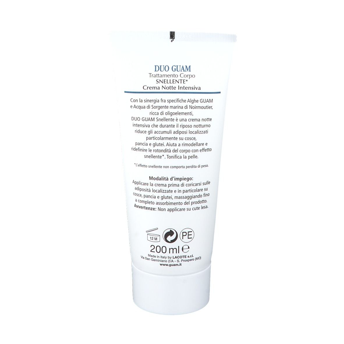 Retro di un tubo bianco. Testo: DUO GUAM, Trattamento Corpo SNELLENTE, Crema Notte INTENSIVA. 200 ml. Lacote.