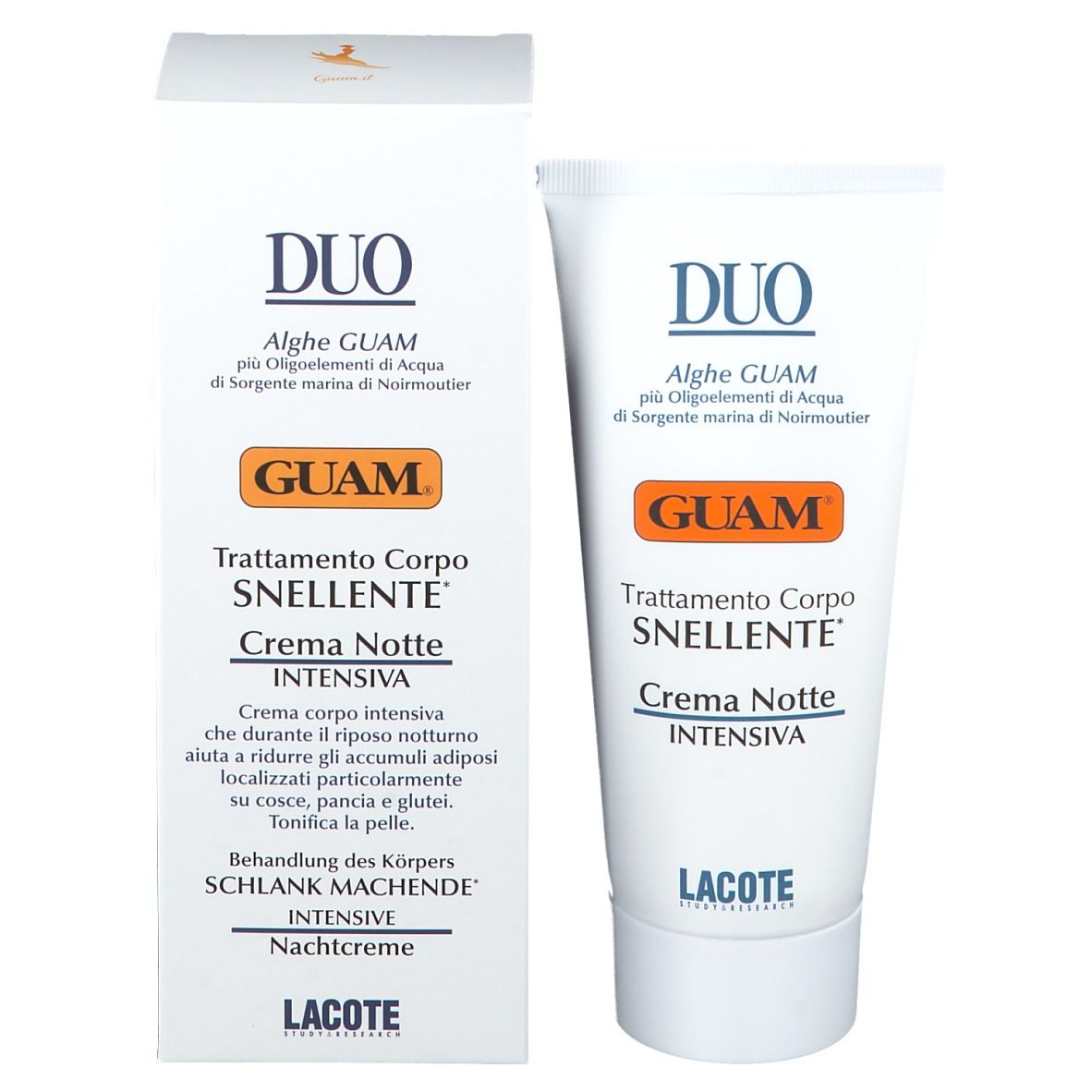 Confezione prodotto con tubo. Testo: DUO, GUAM, Trattamento Corpo SNELLENTE, Crema Notte INTENSIVA. Behandl. d. Körpers SCHLANK MACHENDE. Lacote.