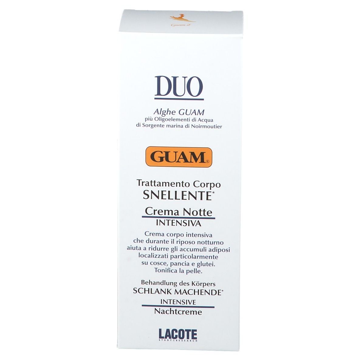 Confezione prodotto. Testo: DUO, GUAM, Trattamento Corpo SNELLENTE, Crema Notte INTENSIVA. Behandl. d. Körpers SCHLANK MACHENDE. Lacote.