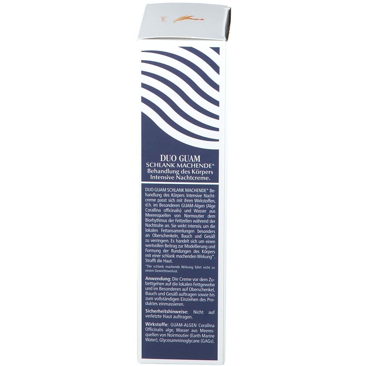 Lato della confezione. Testo: DUO GUAM SCHLANK MACHENDE, Behandlung des Körpers Intensive Nachtcreme. Lacote.