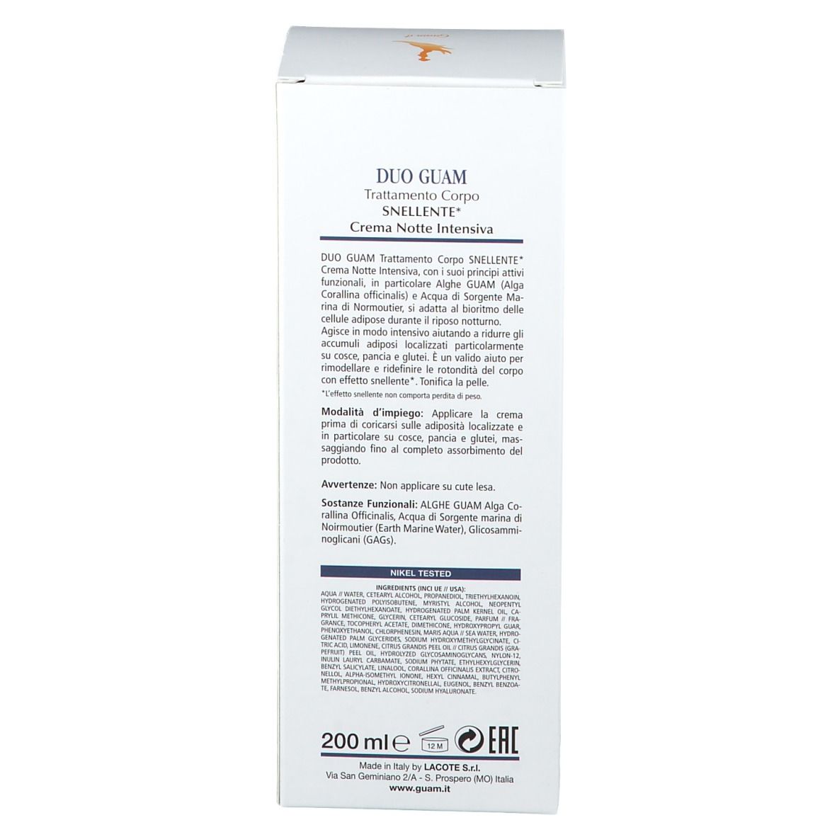 Lato della confezione. Testo: DUO GUAM Trattamento Corpo SNELLENTE, Crema Notte INTENSIVA. 200 ml. Lacote.