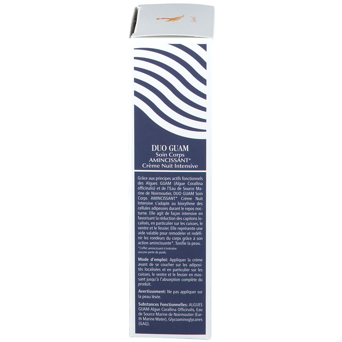 Lato della confezione. Testo: DUO GUAM Soin Corps AMINCISSANT, Crème Nuit Intensive. Lacote.