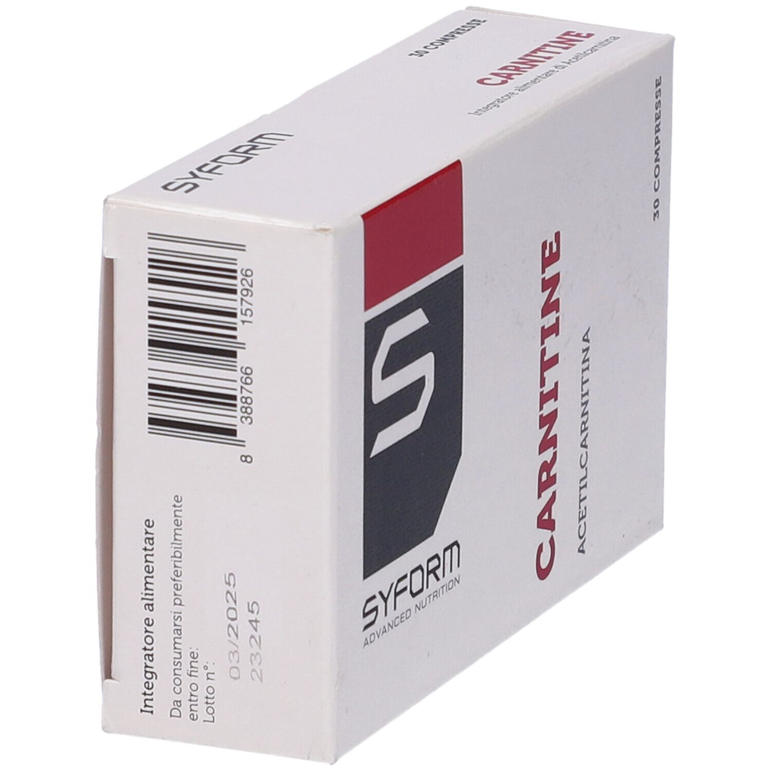 Scatola bianca con fascia rossa. Scritta: Carnitine, Syform. 30 compresse. Acetilcarnitina e Carnitina.