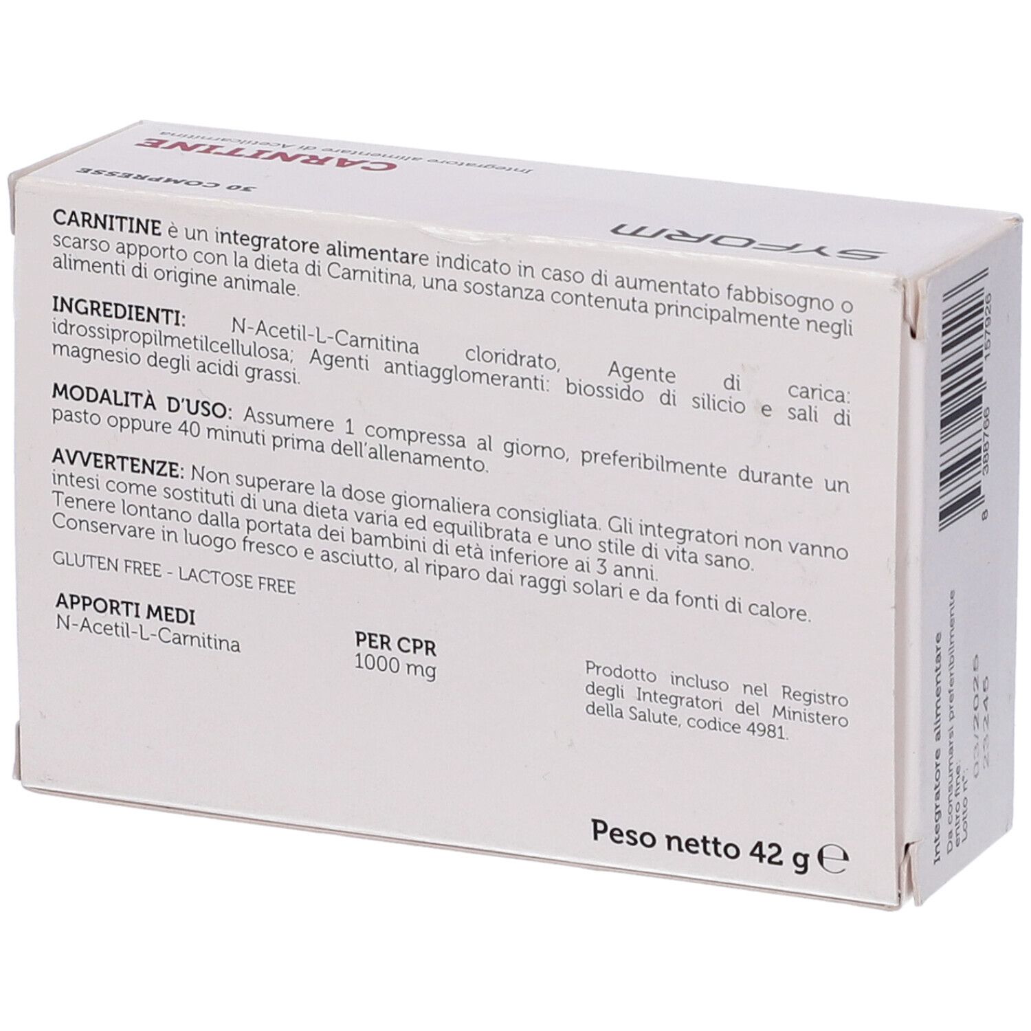 Scatola bianca con fascia rossa. Scritta: Carnitine, Syform. 30 compresse. Acetilcarnitina e Carnitina. Retro con informazioni.