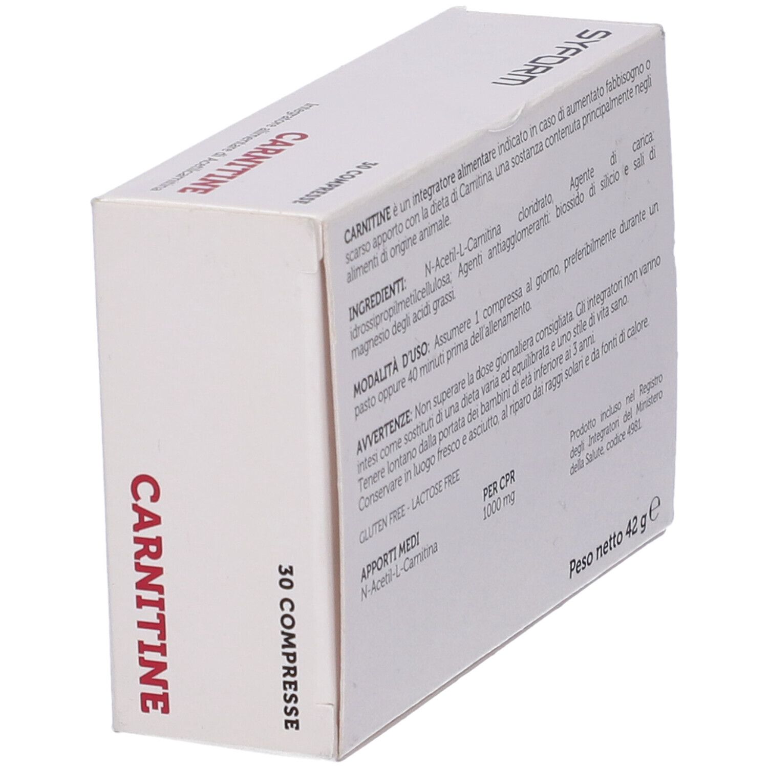 Scatola bianca con fascia rossa. Scritta: Carnitine, Syform. 30 compresse. Acetilcarnitina e Carnitina. Retro con informazioni.
