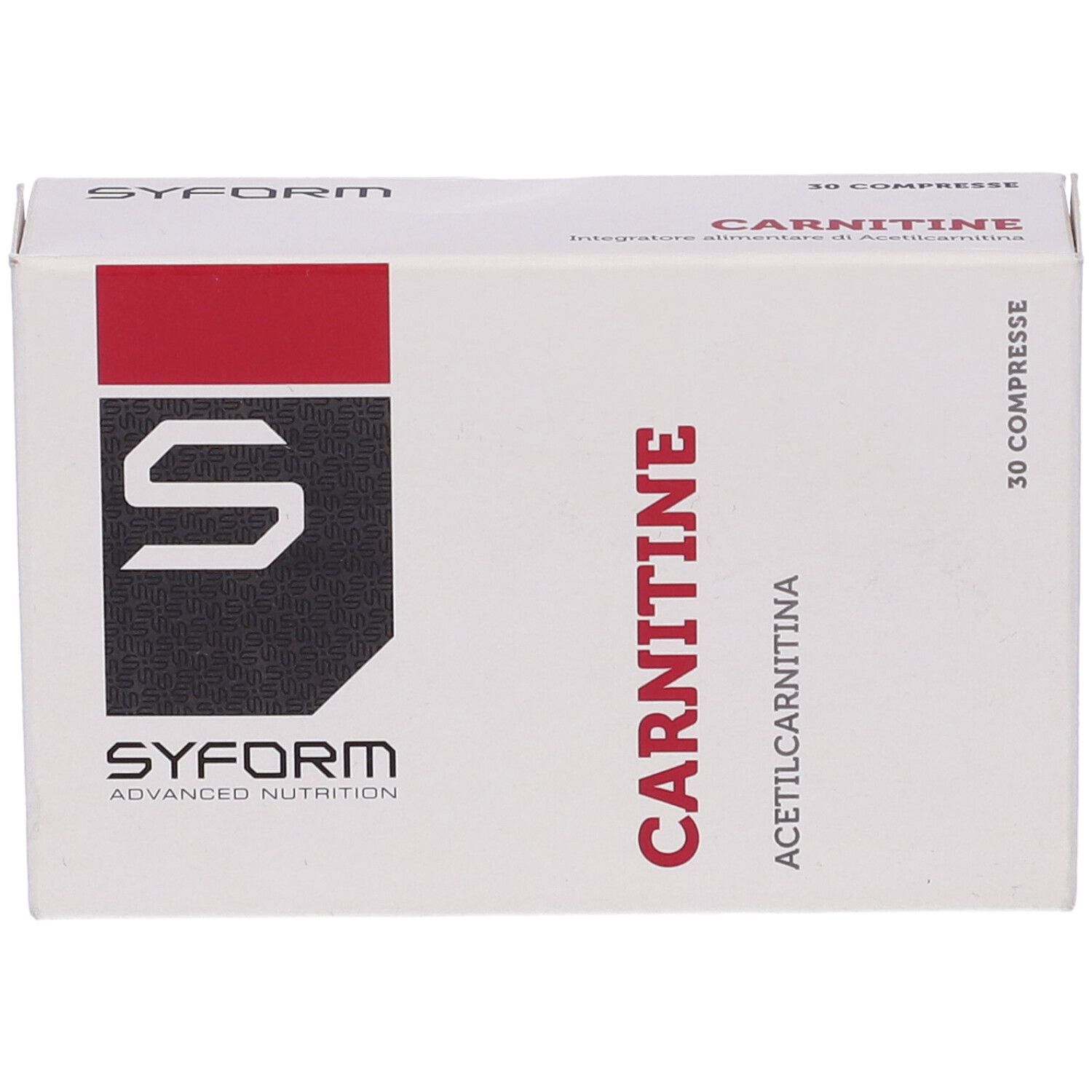 Scatola bianca con fascia rossa. Scritta: Carnitine, Syform. 30 compresse. Acetilcarnitina e Carnitina.