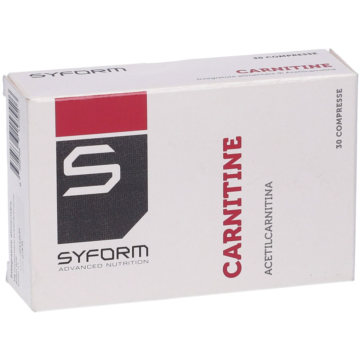 Scatola bianca con fascia rossa. Scritta: Carnitine, Syform. 30 compresse. Acetilcarnitina e Carnitina.