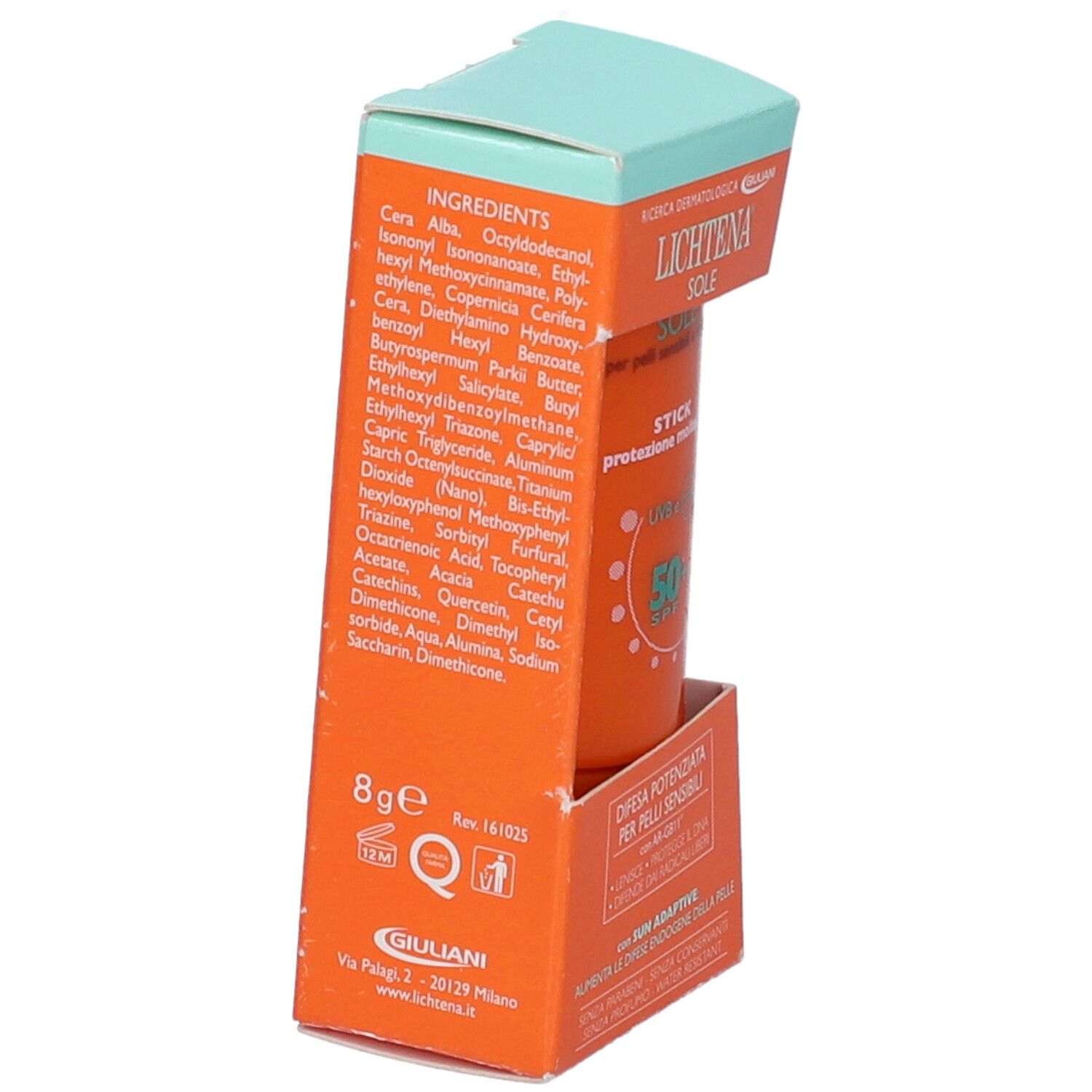 Retro del Lichtena Sole Stick SPF 50+ con elenco ingredienti e indicazione 8g.