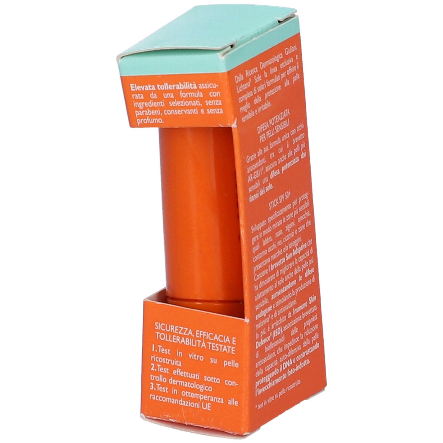 Vista laterale del Lichtena Sole Stick SPF 50+ con informazioni sulla tollerabilità cutanea.