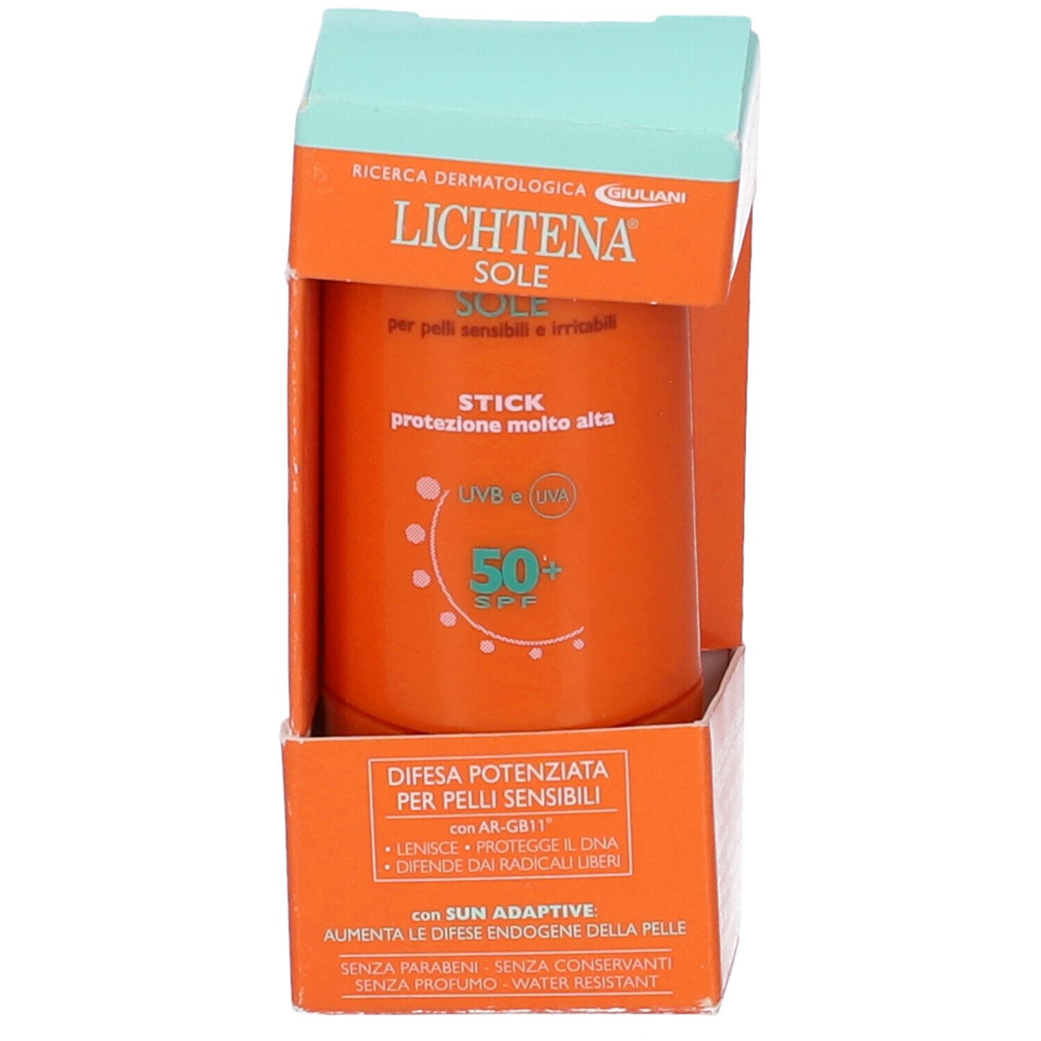 Lichtena Sole Stick SPF 50+ in confezione arancione, vista frontale.
