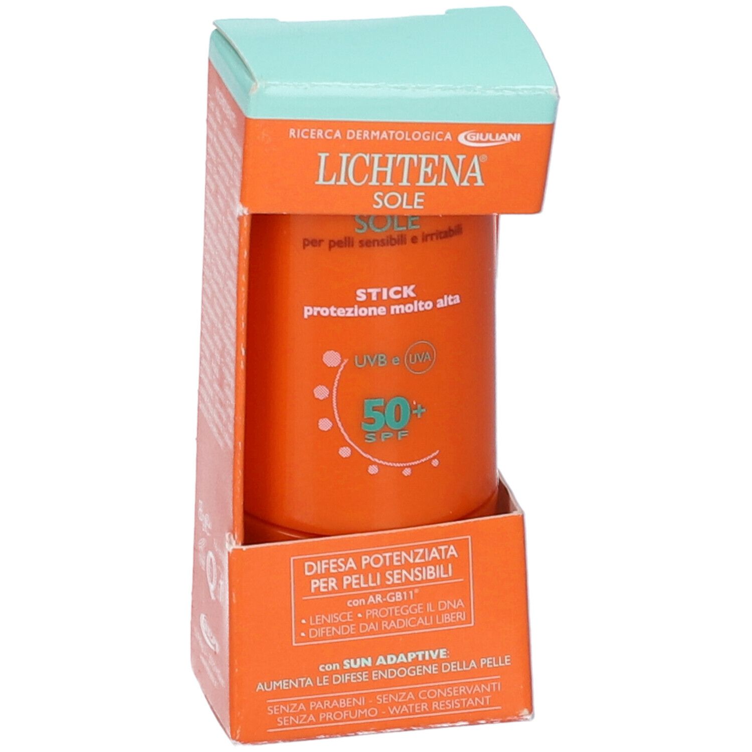 Lichtena Sole Stick SPF 50+ in confezione arancione, vista leggermente angolata.