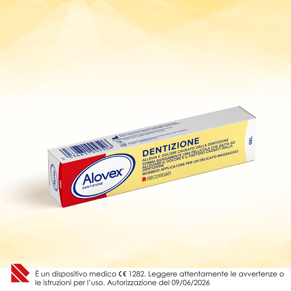 Confezione Alovex Dentizione Gel, leggermente inclinata, con marcatura CE 1282.