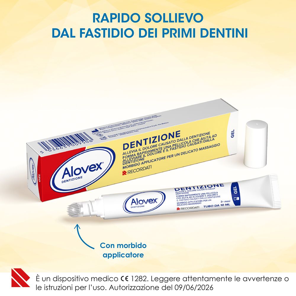 Tubo Alovex Dentizione Gel con applicatore e tappo separato.