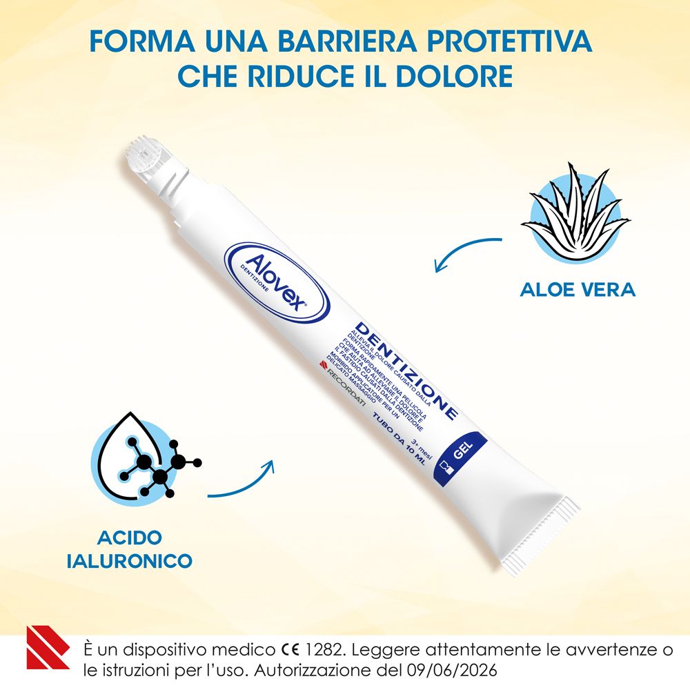 Tubo Alovex Dentizione Gel con simboli Aloe Vera e acido ialuronico.
