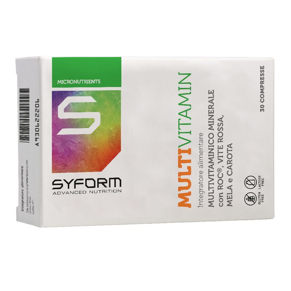 Scatola di integratore Multivitamin. Contiene 30 compresse. Marchio SYFORM. Design verde e bianco con 'S' colorata.