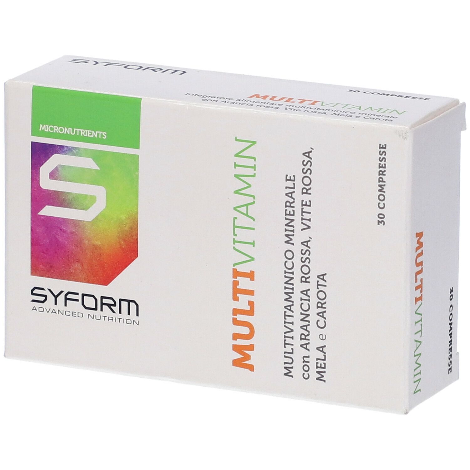 Scatola Multivitamin, 30 compresse. Marchio SYFORM. Bianco con accenti verdi e arancioni. Testo: 'Multivitamin' e ingredienti.