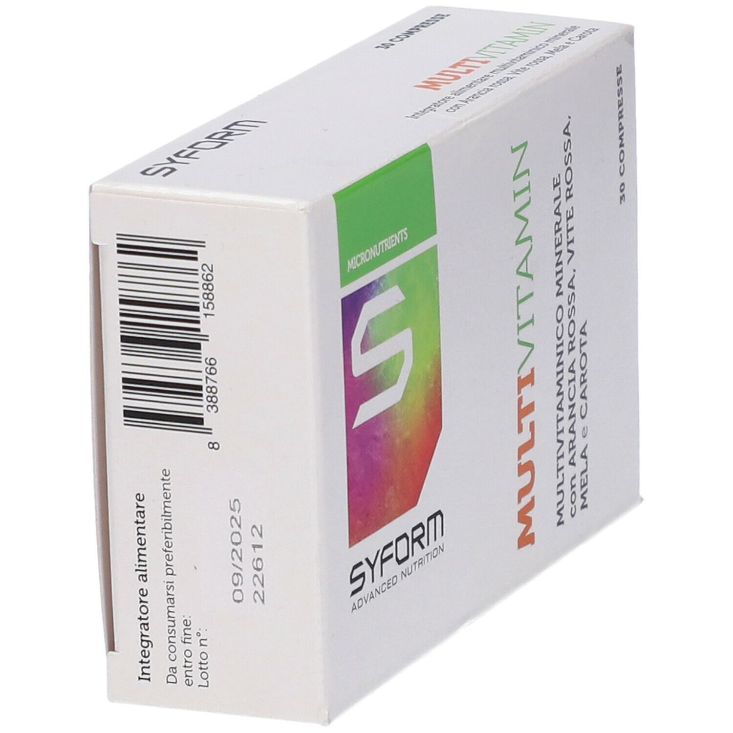 Scatola Multivitamin, 30 compresse. Marchio SYFORM. Bianco con accenti verdi e arancioni. Testo: 'Multivitamin' e ingredienti.
