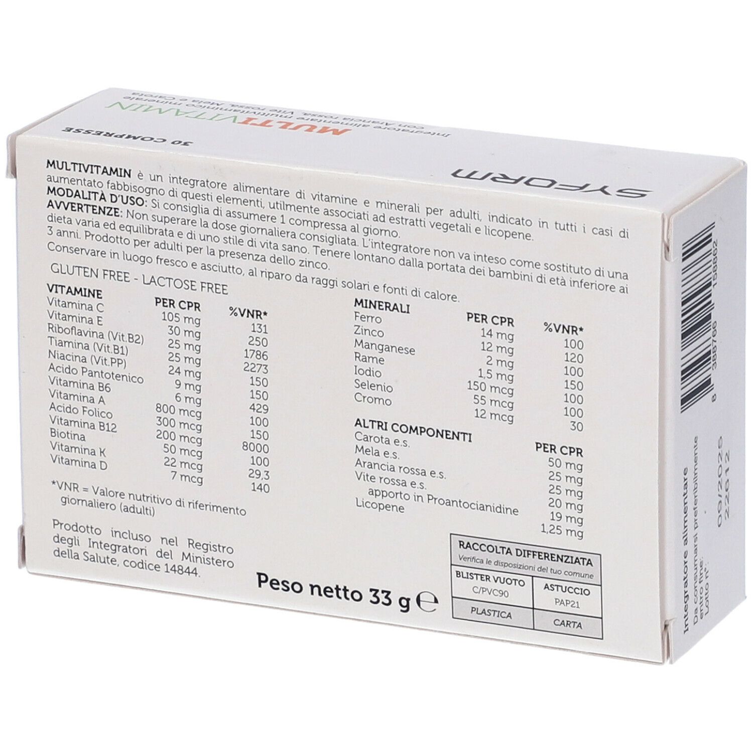 Retro della scatola Multivitamin. Contiene informazioni nutrizionali, ingredienti e produttore. Peso: 33g.