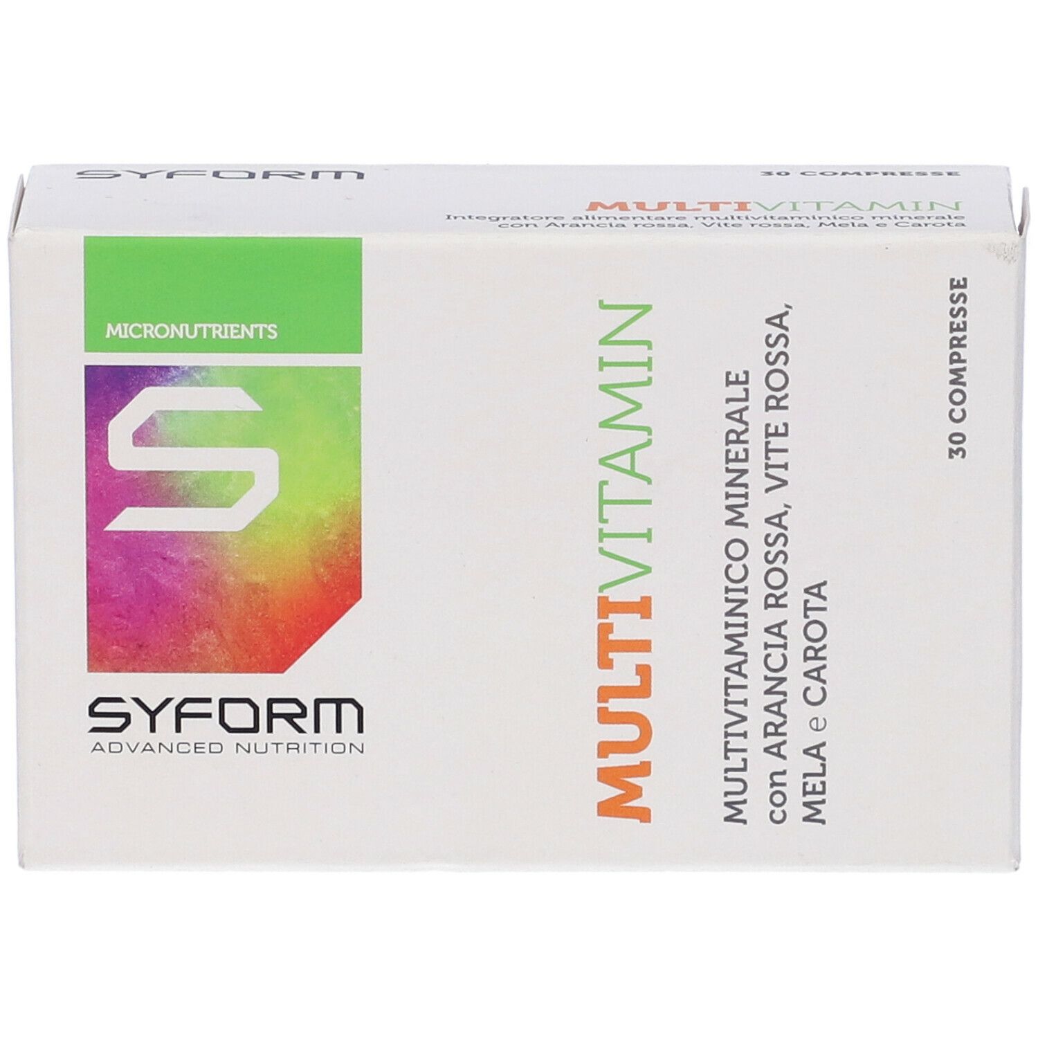 Scatola Multivitamin, 30 compresse. Marchio SYFORM. Bianco con accenti verdi e arancioni. Testo: 'Multivitamin' e ingredienti.