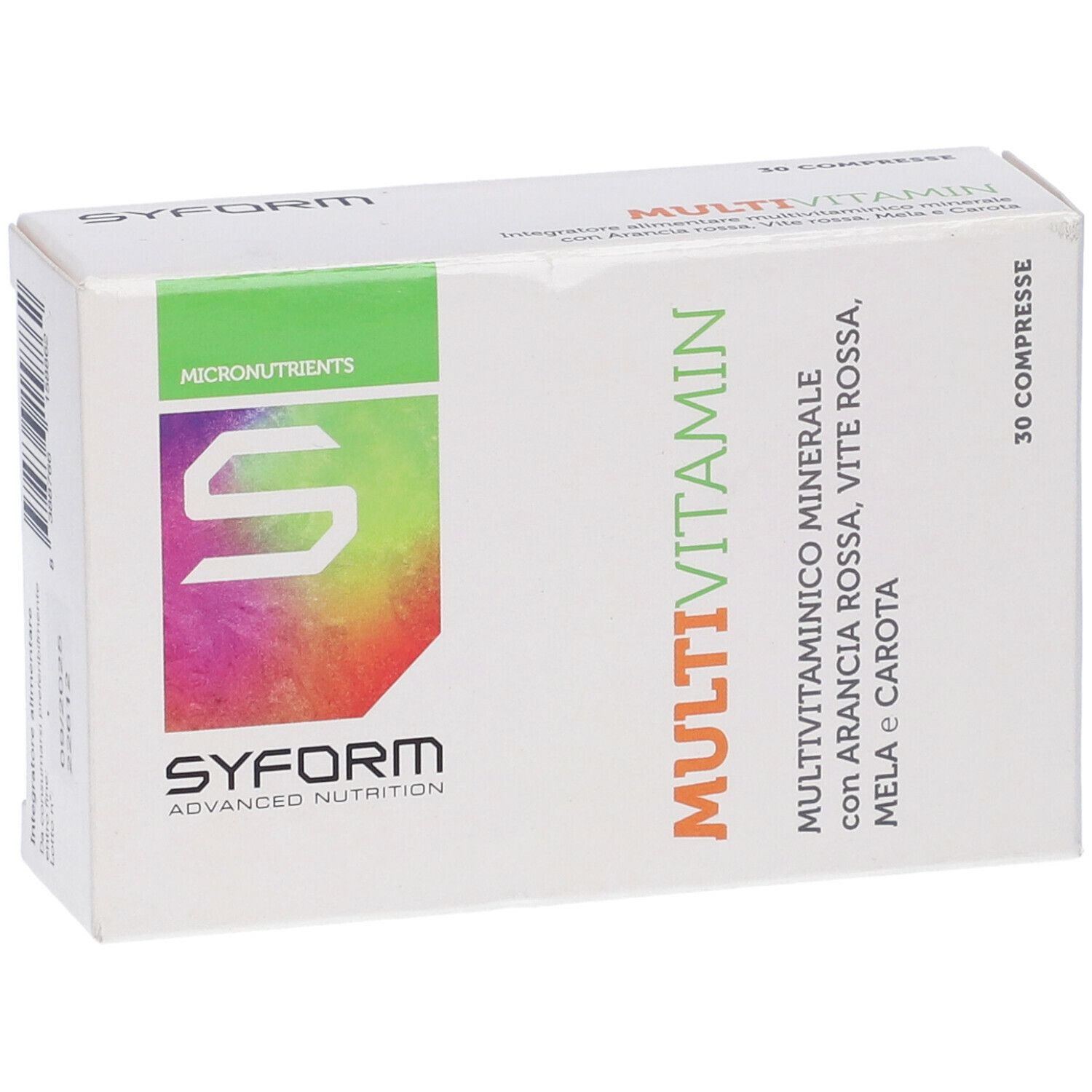 Scatola Multivitamin, 30 compresse. Marchio SYFORM. Bianco con accenti verdi e arancioni. Testo: 'Multivitamin' e ingredienti.