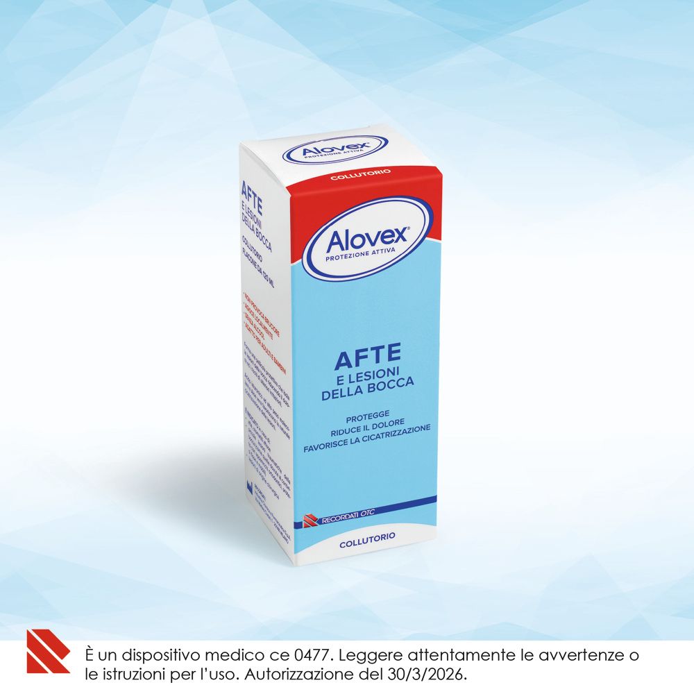 Confezione Alovex® Collutorio, fronte blu e rosso. Include marcatura CE e dettagli del dispositivo medico.