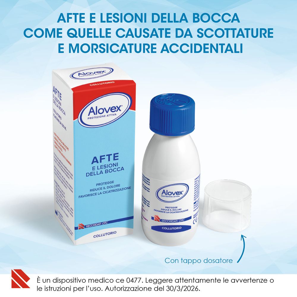 Flacone Alovex® Collutorio con misurino e confezione. Per afte e lesioni, con Aloe Vera e acido ialuronico.
