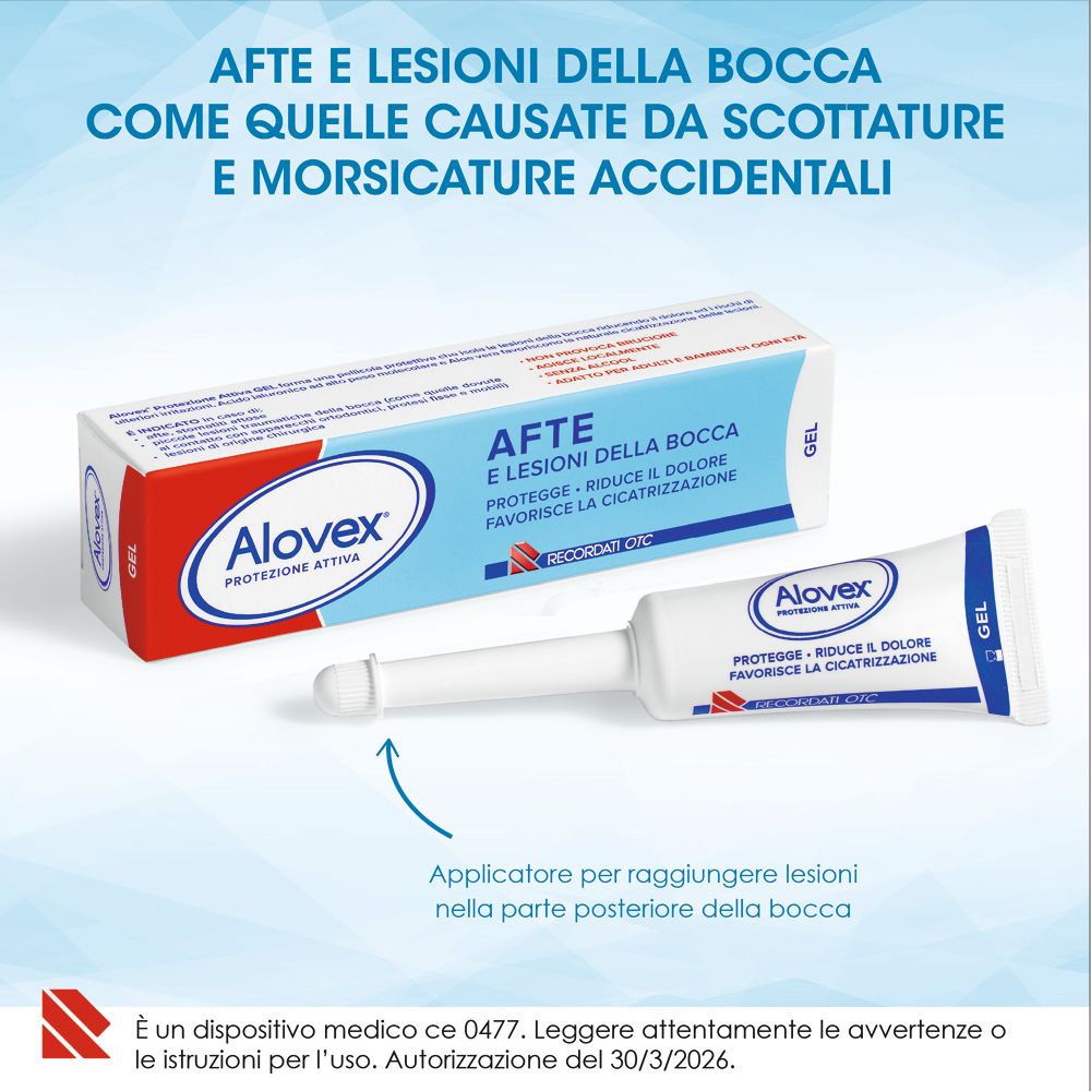 Confezione e tubo Alovex® Gel con applicatore per afte.