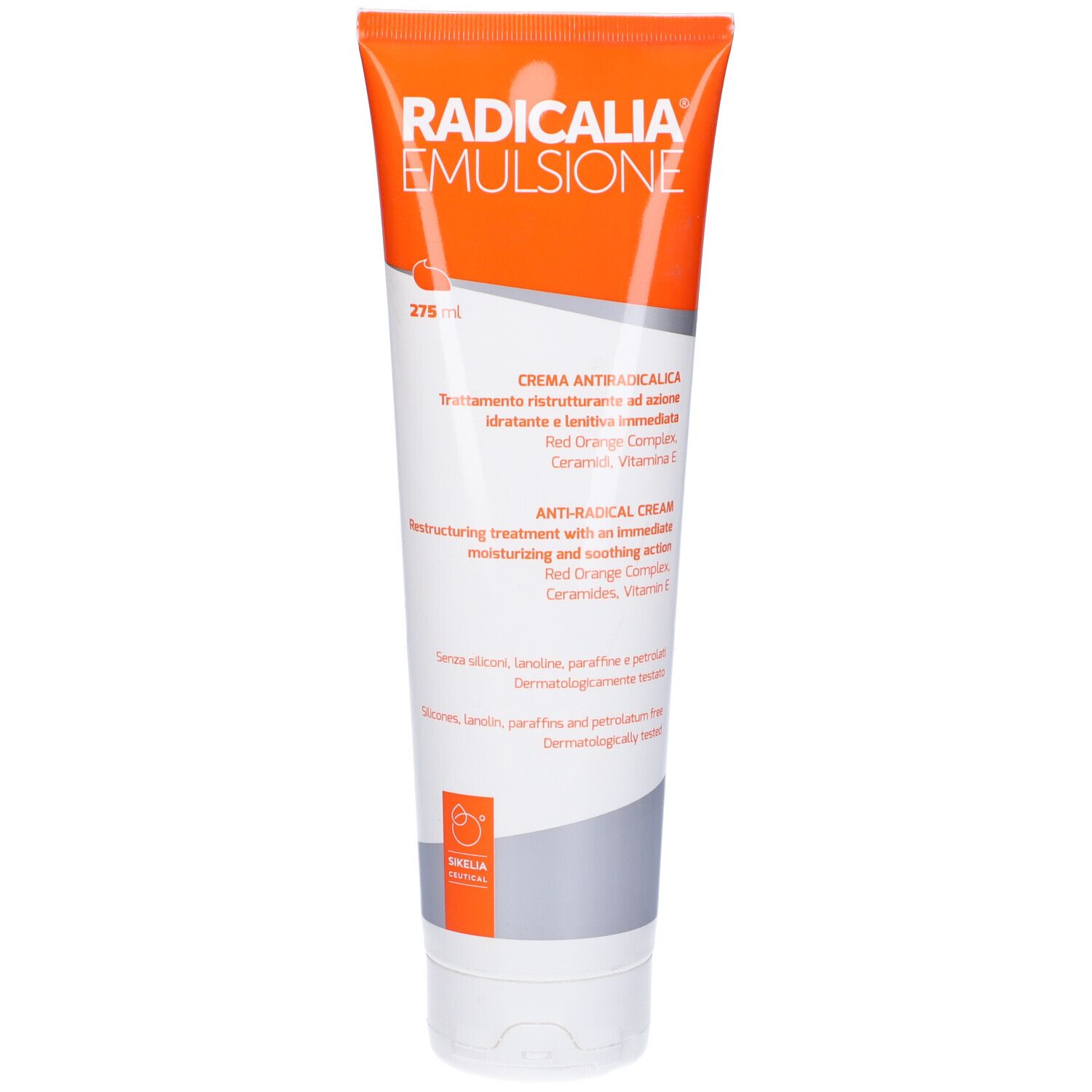 Tubo con tappo arancione e testo. Nome "Radicalia Emulsione" e testo "275 ml" visibili.