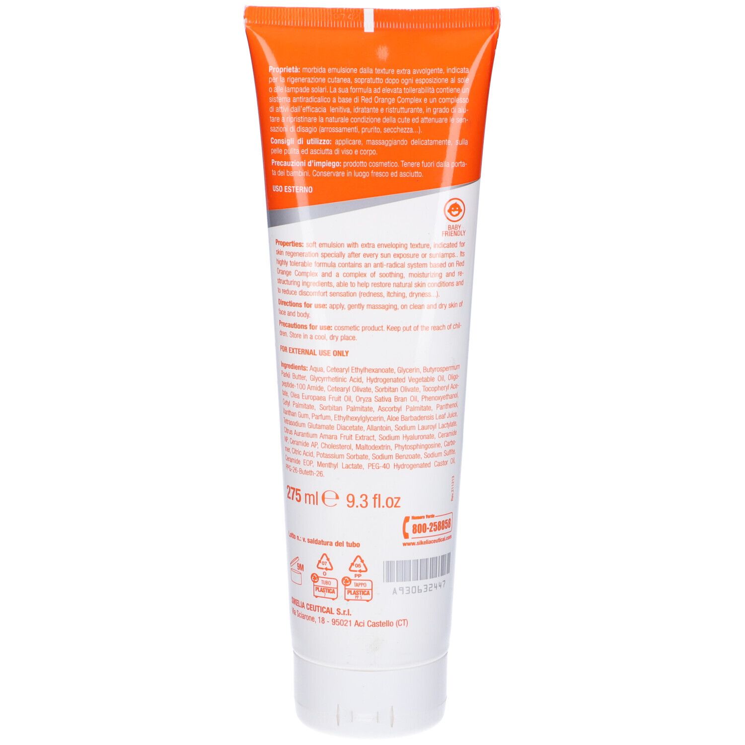 Retro del tubo con testo. Ingredienti, istruzioni e testo "275 ml" e "9.3 fl.oz" visibili.
