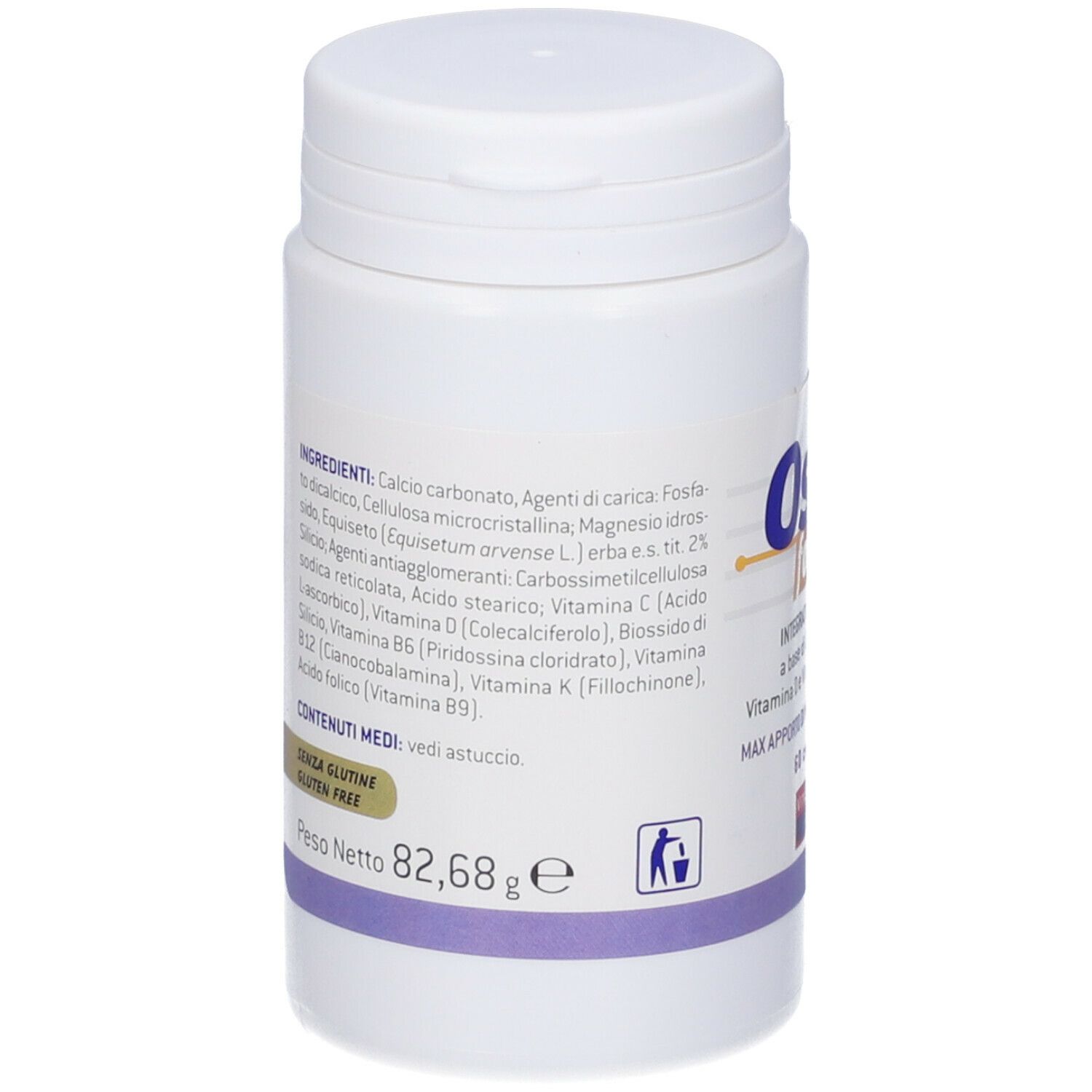 Flacone bianco Osteoformula. Elenco ingredienti e peso netto 82,68 g. Senza glutine. Simbolo riciclo.