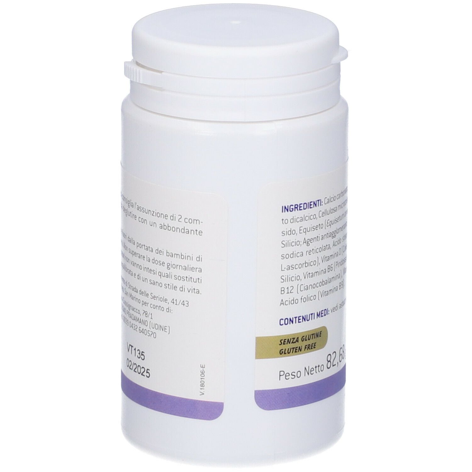 Flacone bianco Osteoformula. Retro con elenco ingredienti, peso netto 82,68 g. Senza glutine. Simbolo riciclo.