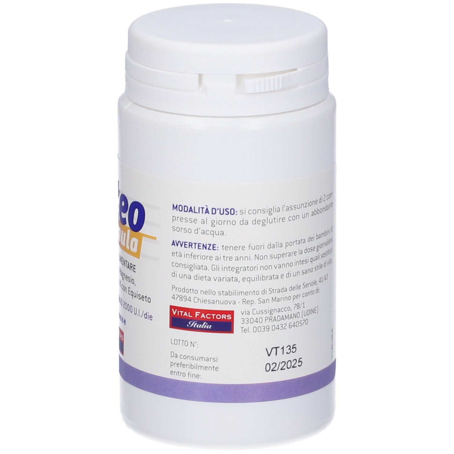 Flacone bianco Osteoformula. Retro con istruzioni per l'uso. Marchio: Vital Factors Italia. Scadenza.