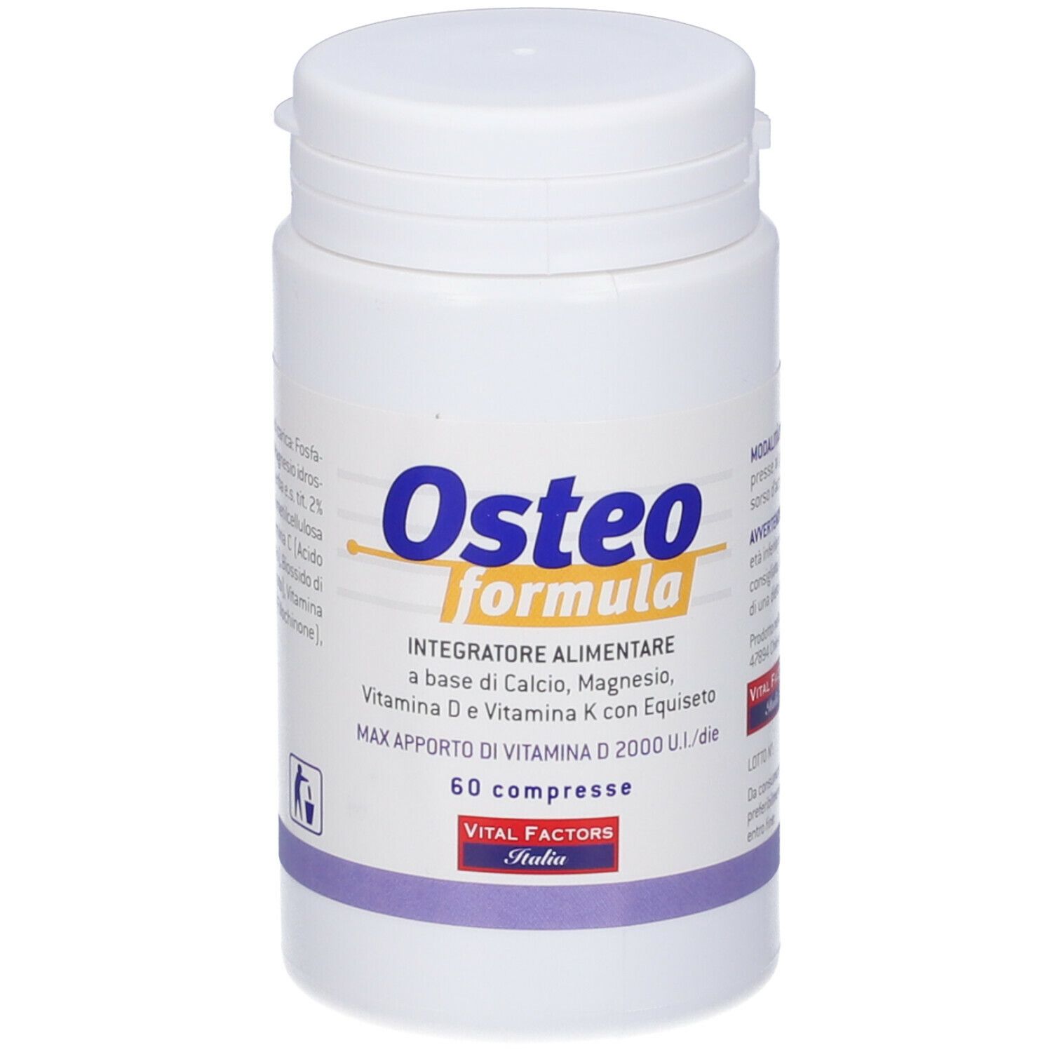 Flacone bianco Osteoformula, 60 compresse. Contiene: Integratore Alimentare. Marchio: Vital Factors Italia.