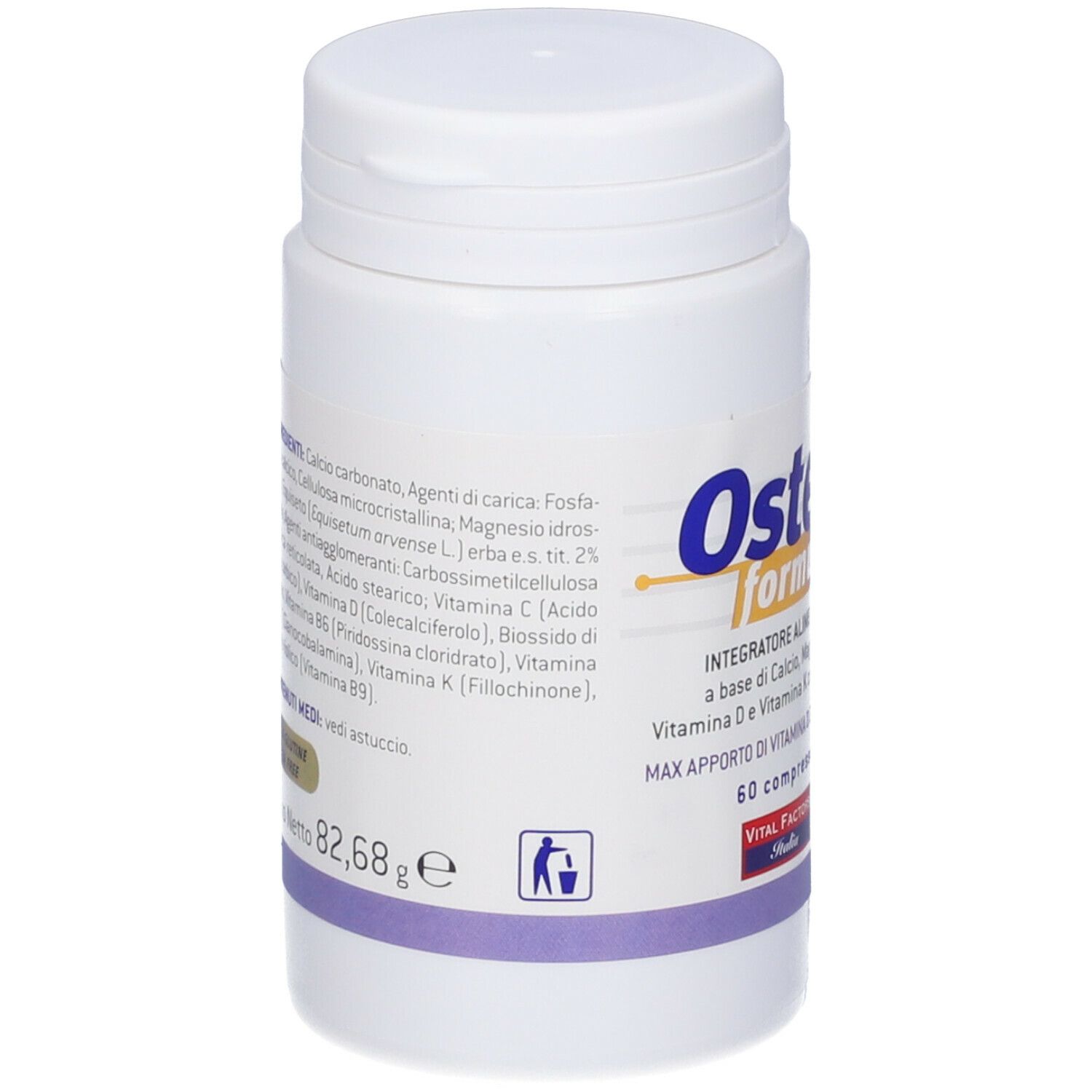 Flacone bianco Osteoformula. Elenco ingredienti e peso netto 82,68 g. Senza glutine. Simbolo riciclo.