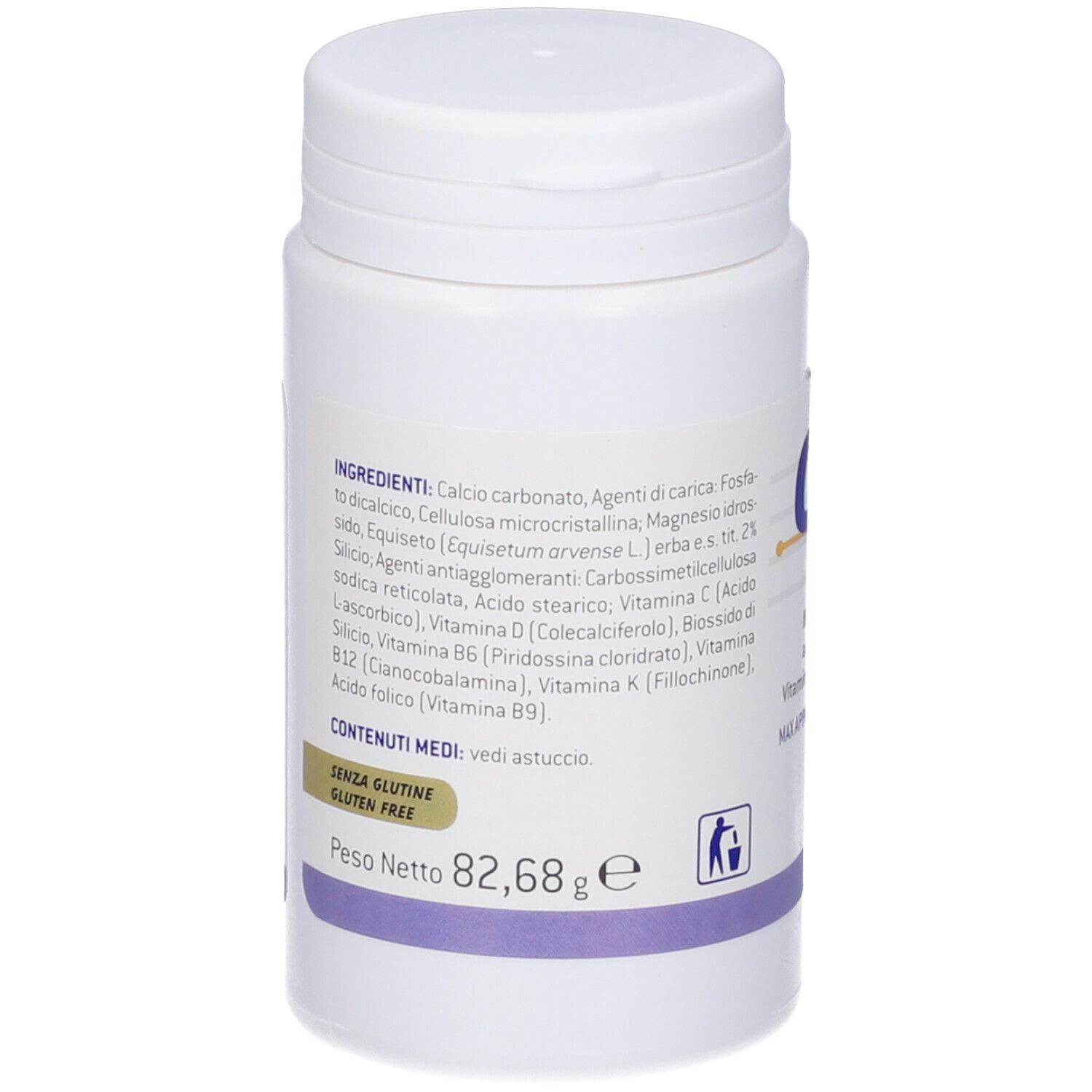Flacone bianco Osteoformula. Elenco ingredienti e peso netto 82,68 g. Senza glutine. Simbolo riciclo.