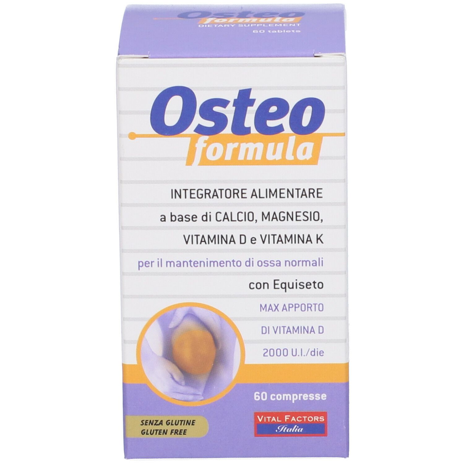 Scatola Osteoformula. 60 compresse. Contiene: Integratore Alimentare. Marchio: Vital Factors Italia.