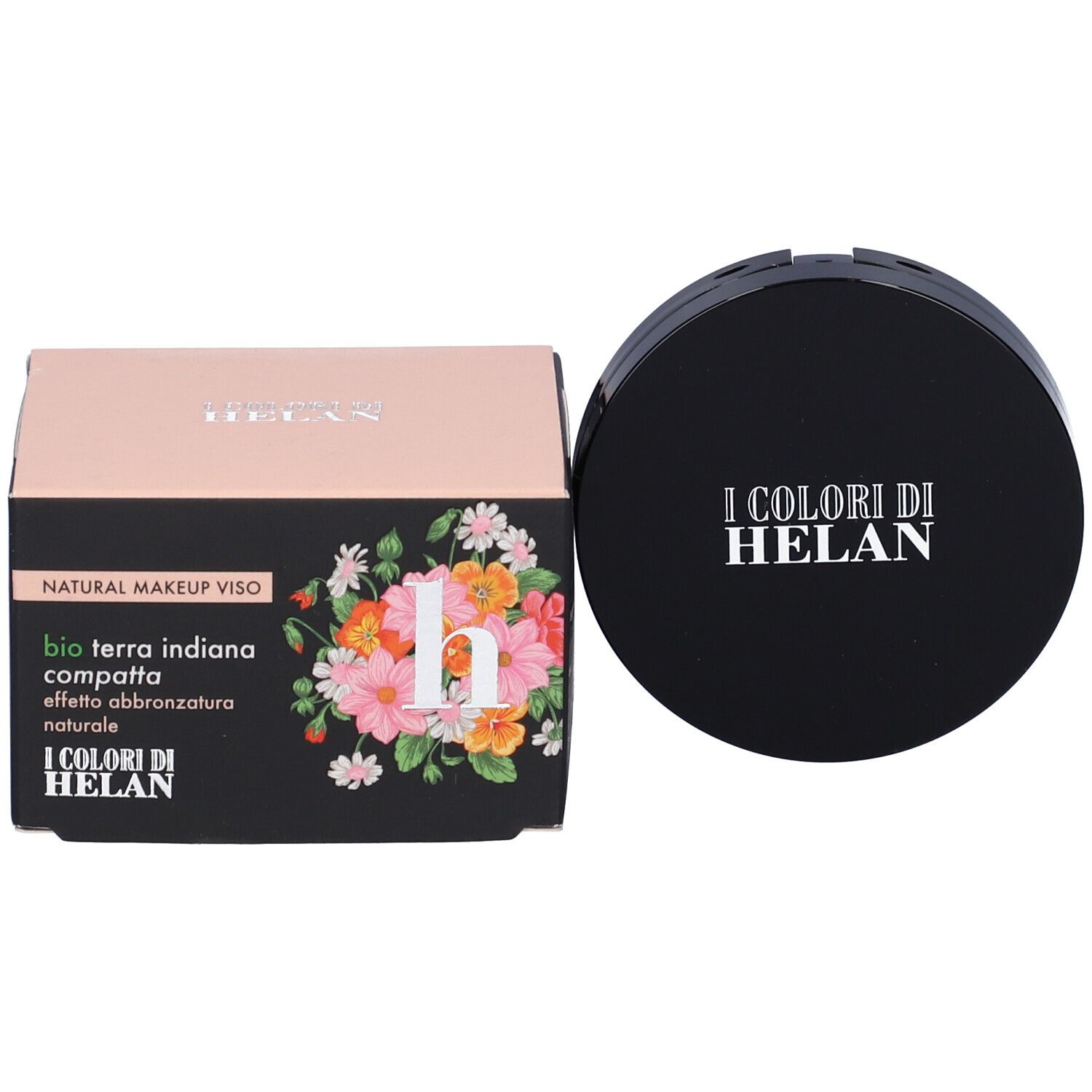 Cipria compatta con coperchio nero e confezione. Scritta: I Colori Di Helan. Confezione con motivo floreale.