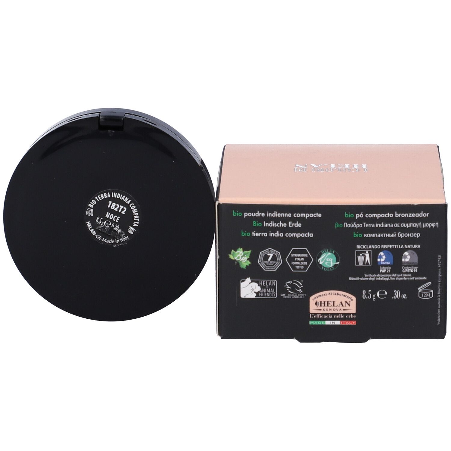 Cipria compatta con coperchio nero e confezione. Scritta: I Colori Di Helan. Confezione con loghi e testo.