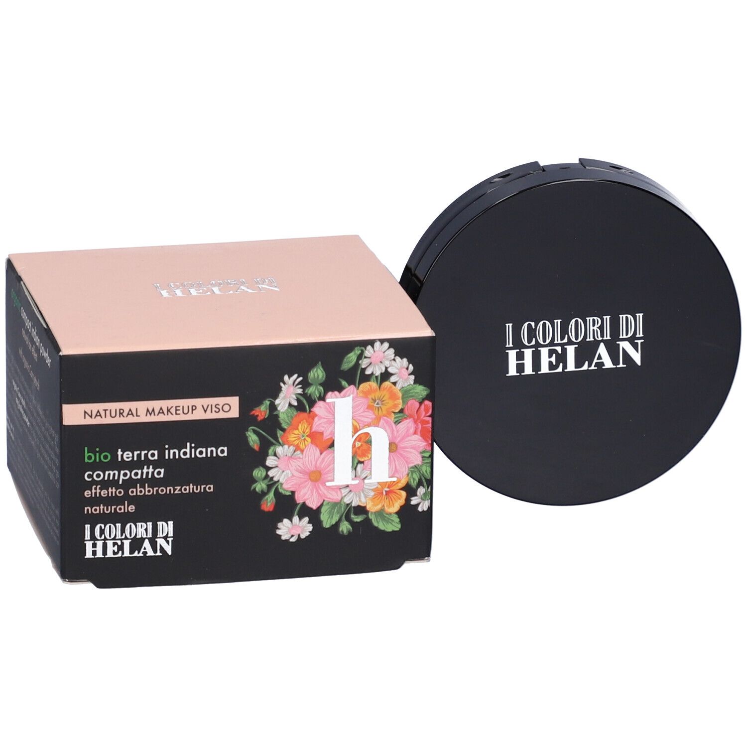 Cipria compatta con coperchio nero e confezione. Scritta: I Colori Di Helan. Confezione con motivo floreale.