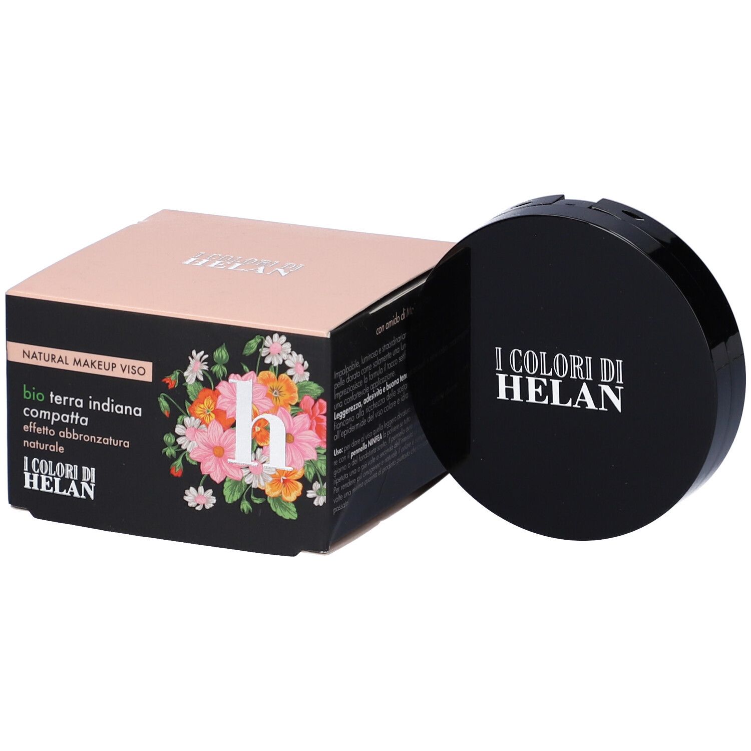 Cipria compatta con coperchio nero e confezione. Scritta: I Colori Di Helan. Confezione con motivo floreale.