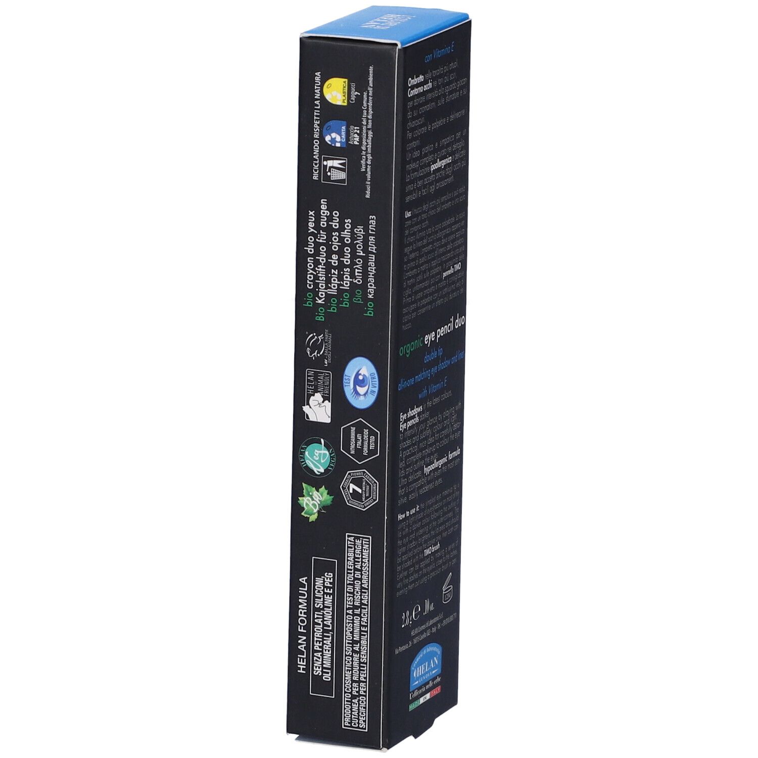 Confezione nera con testo e loghi. Testo: Helan Formula, Bio Kajal-Duo per occhi, 2,8 g, 30 m.