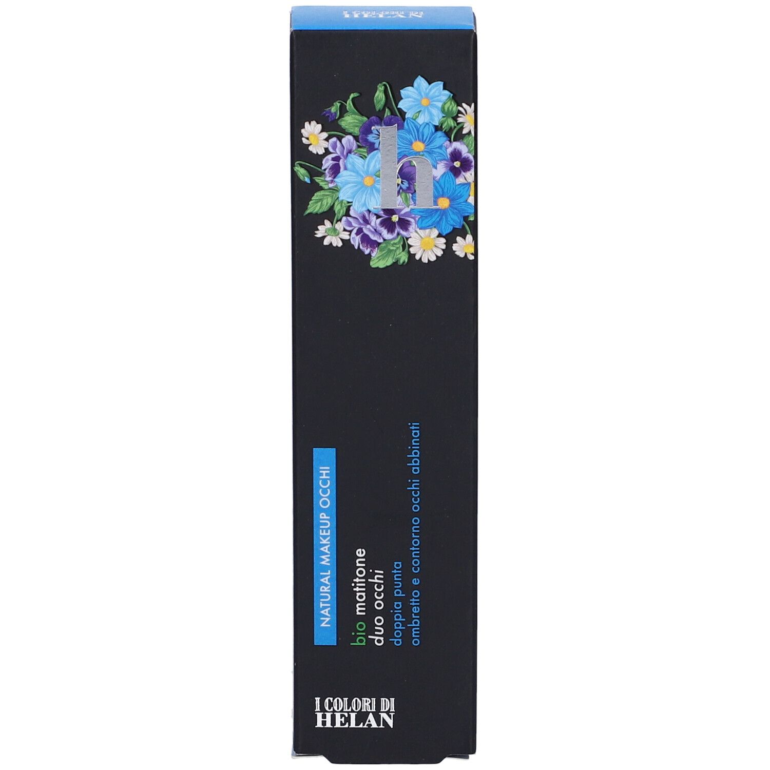 Confezione nera con design floreale e informazioni sul prodotto. Testo: I Colori di Helan, Natural Makeup Occhi, Duo Occhi.