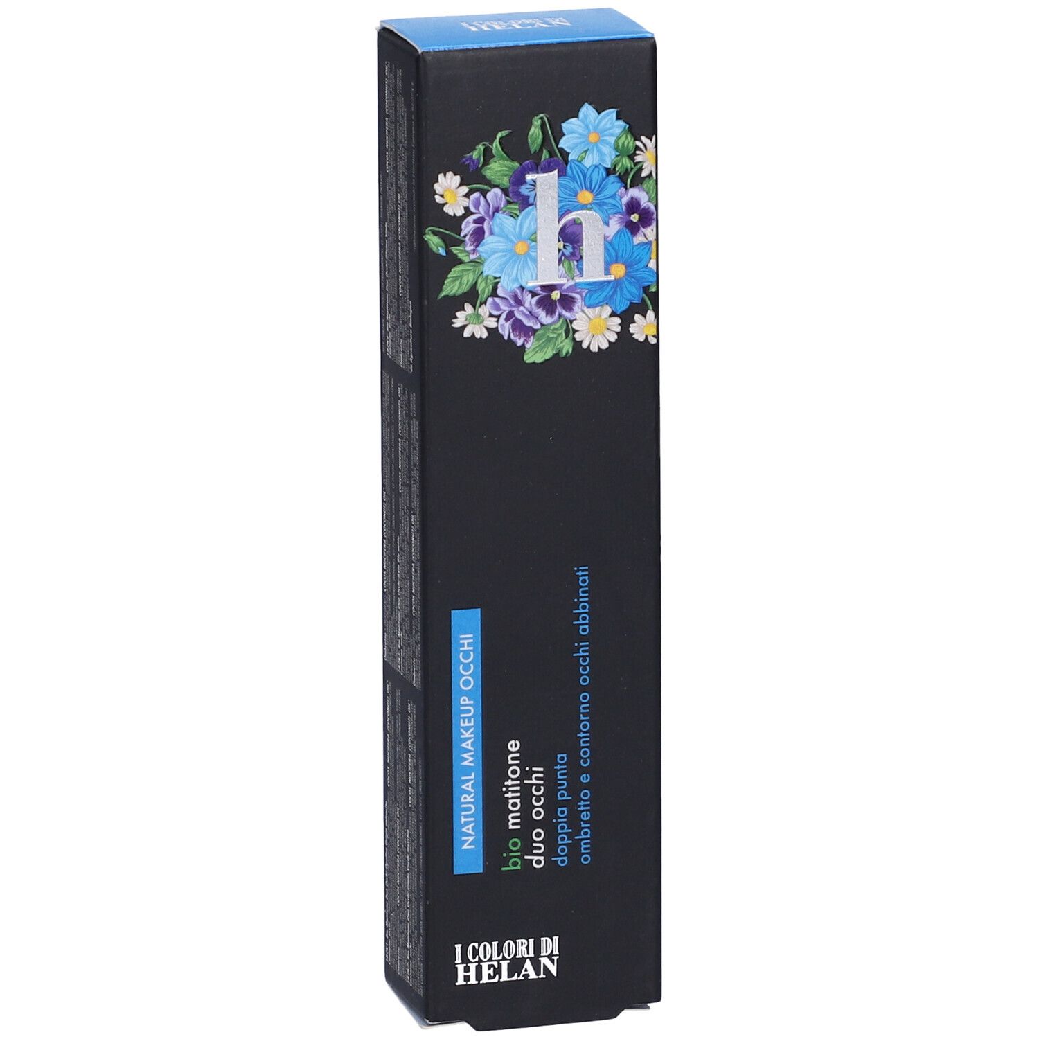 Confezione nera con design floreale e informazioni sul prodotto. Testo: I Colori di Helan, Natural Makeup Occhi, Duo Occhi.