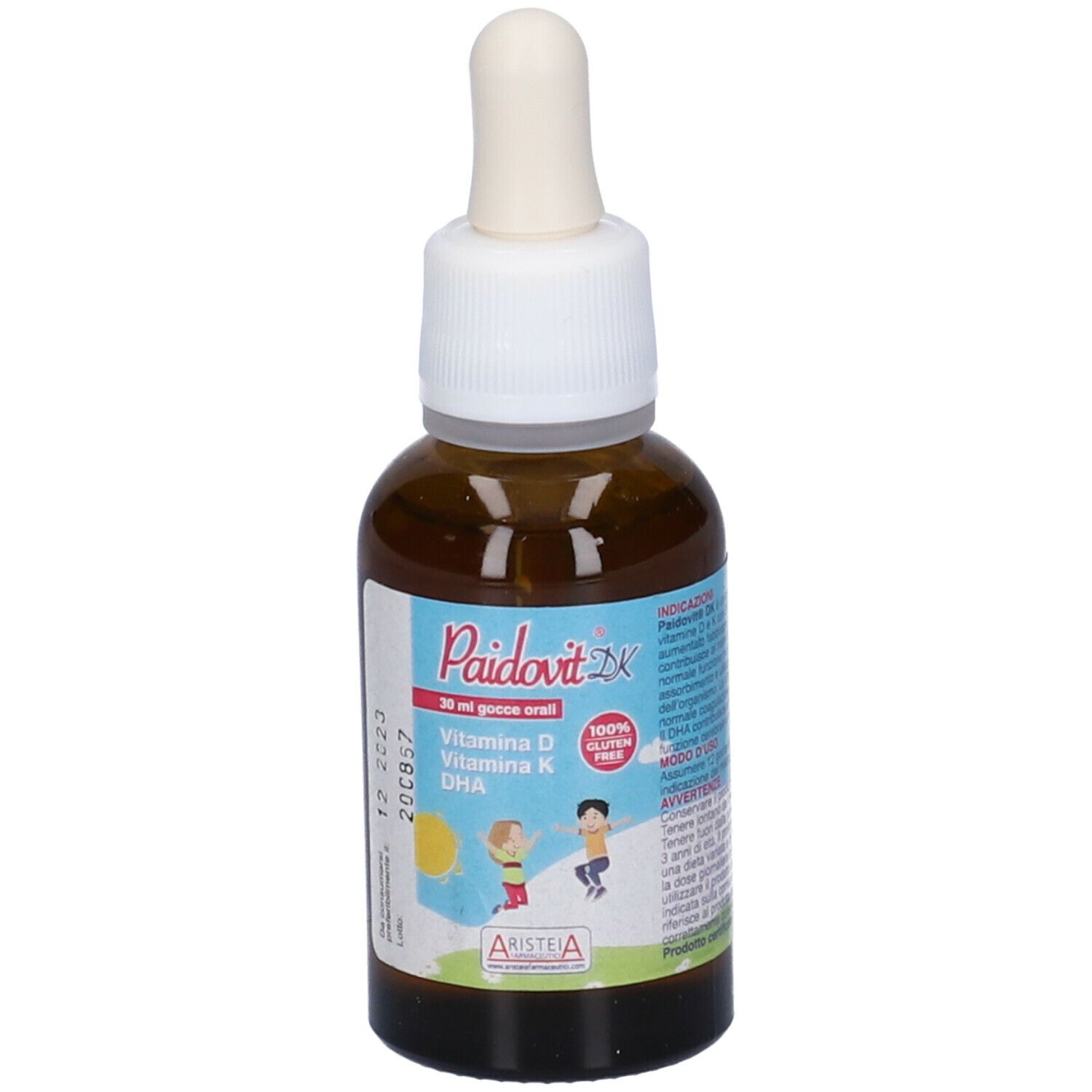 Flacone di vetro marrone Paidovit DK con contagocce. Contiene vitamina D, K, DHA. Con tappo bianco.