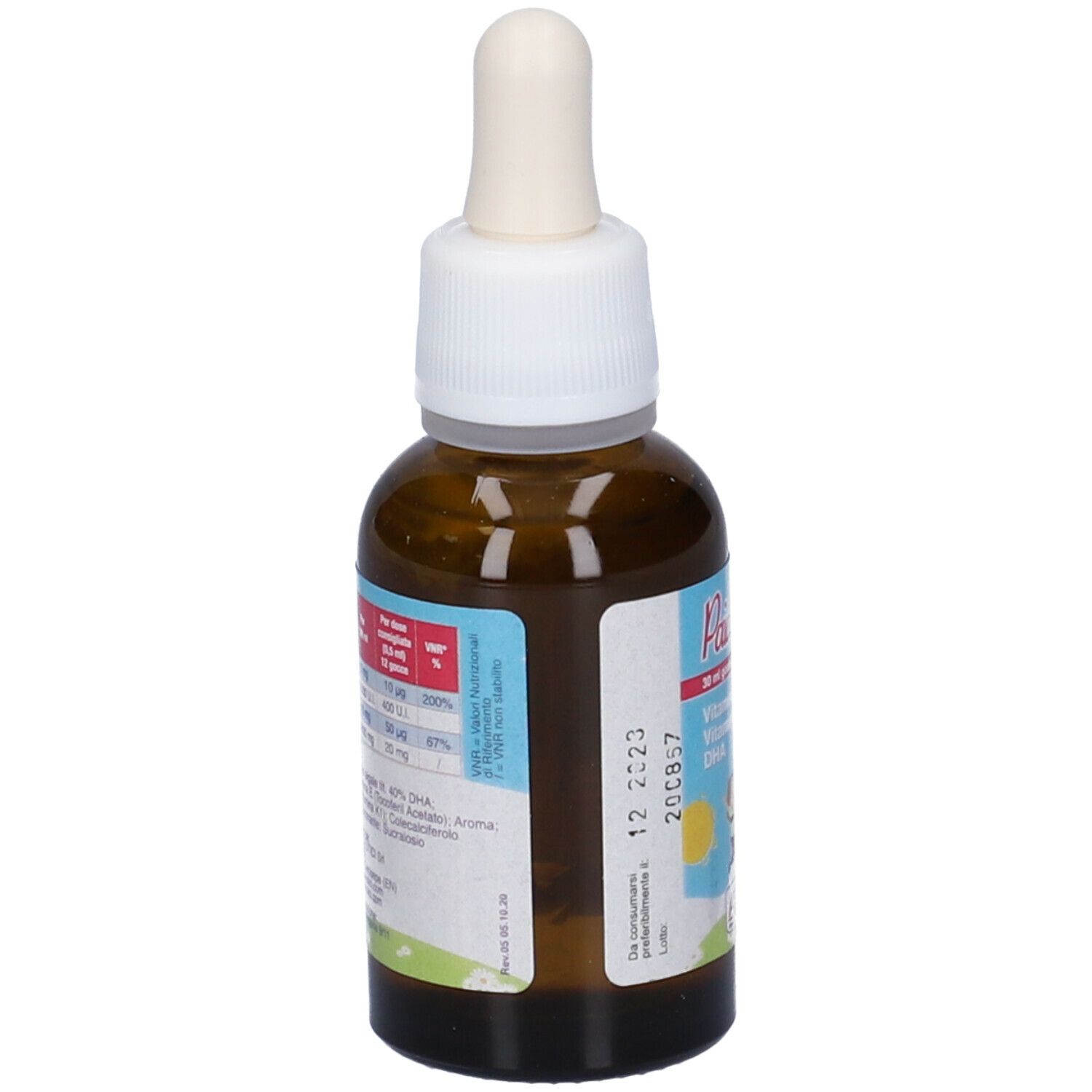 Flacone di vetro marrone Paidovit DK, retro con etichetta. Contiene vitamina D, K, DHA. Con tappo bianco.