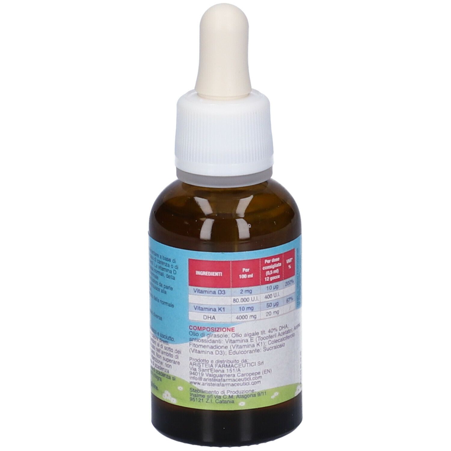 Flacone di vetro marrone Paidovit DK, retro con etichetta. Contiene vitamina D, K, DHA. Con tappo bianco.