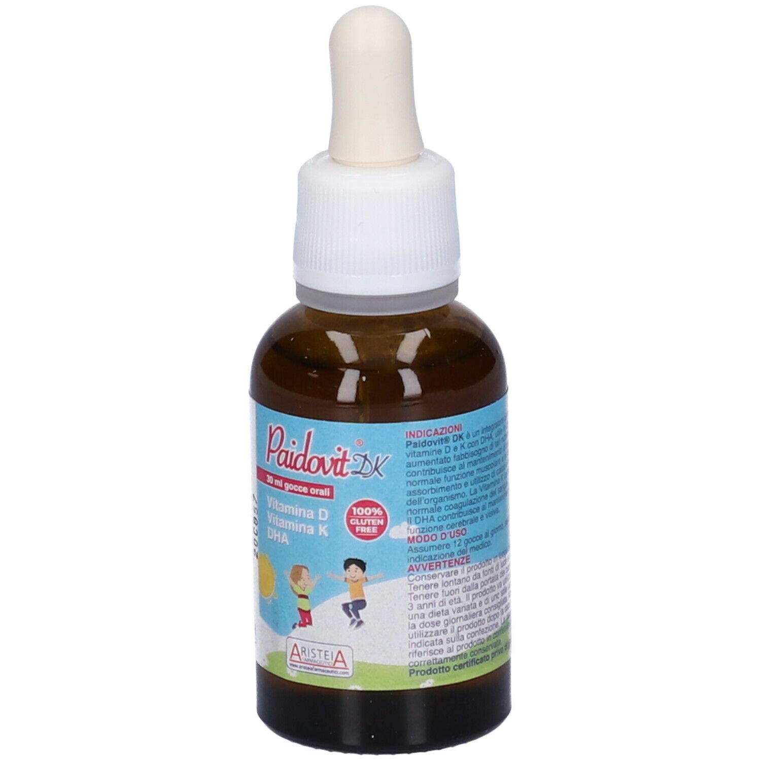 Flacone di vetro marrone Paidovit DK, retro con etichetta. Contiene vitamina D, K, DHA. Con tappo bianco.