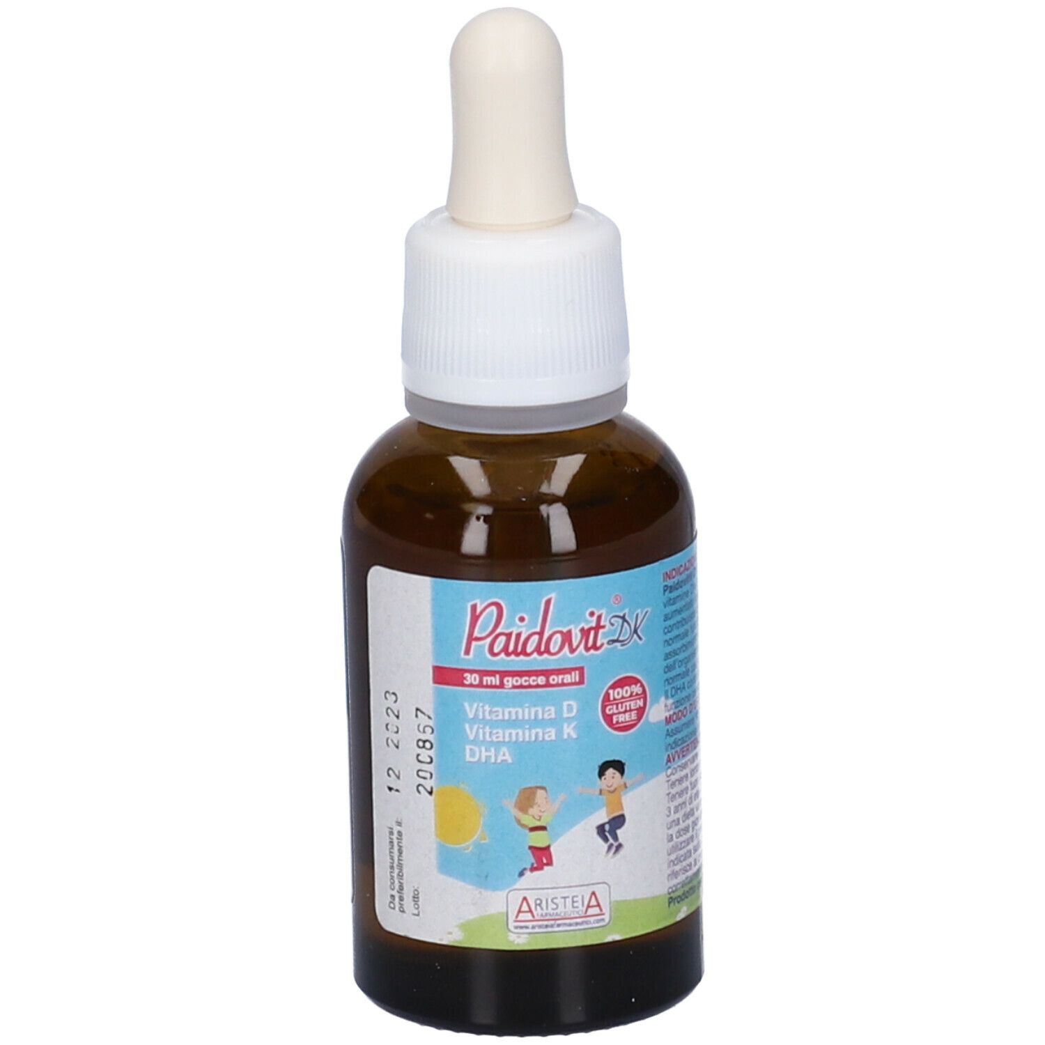Flacone di vetro marrone Paidovit DK, retro con etichetta. Contiene vitamina D, K, DHA. Con tappo bianco.
