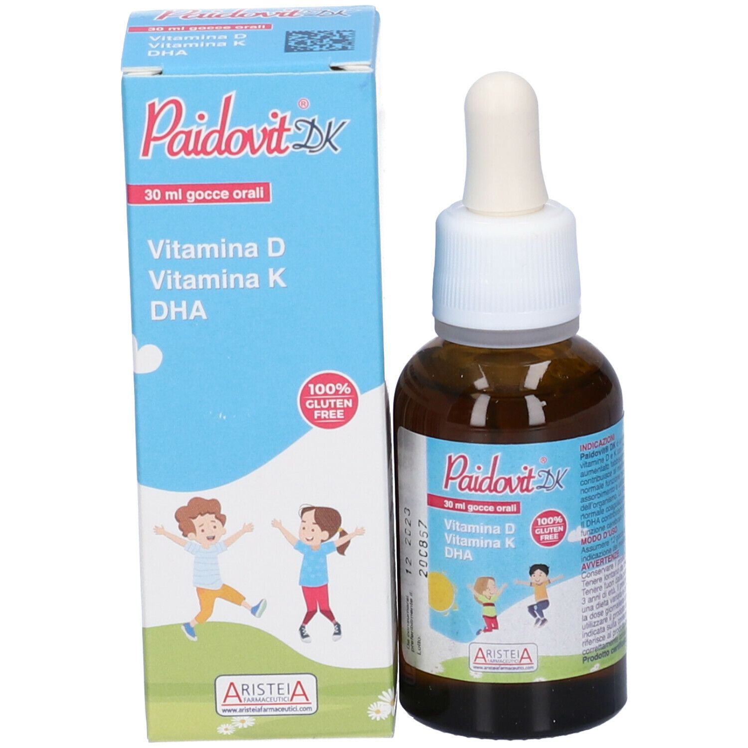 Flacone e scatola Paidovit DK. Contiene vitamina D, K, DHA. Con contagocce e tappo bianco.